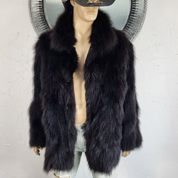 REVERSIBLE~M/L~ITALY~MENS VINTAGE BLACK BROWN GENUINE REAL FOX FUR COAT JACKET - Picture 1 of 16